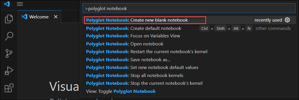 Zrzut ekranu przedstawiający polecenie Create new Polyglot notebook in Visual Studio Code (Tworzenie nowego notesu polyglot w programie Visual Studio Code).