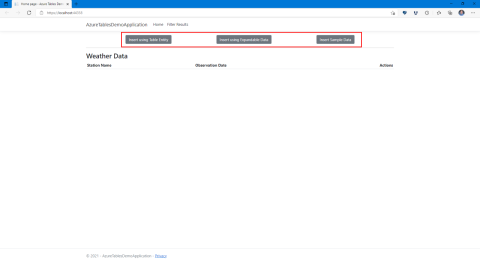 Zrzut ekranu aplikacji przedstawiający lokalizację przycisków używanych do wstawiania danych do usługi Azure Cosmos DB przy użyciu interfejsu API tabel.