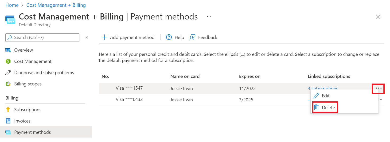 Przykładowy zrzut ekranu przedstawiający akcję korygującą wymaganą do odłączenia formy płatności dla programu subskrypcji usług online firmy Microsoft.