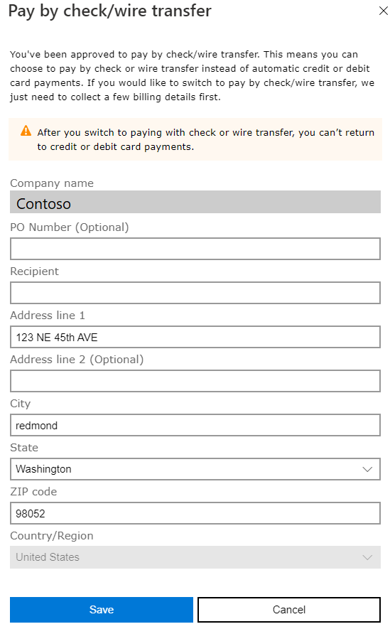 Zrzut ekranu przedstawiający zatwierdzenie płatności czekiem/przelewem bankowym.
