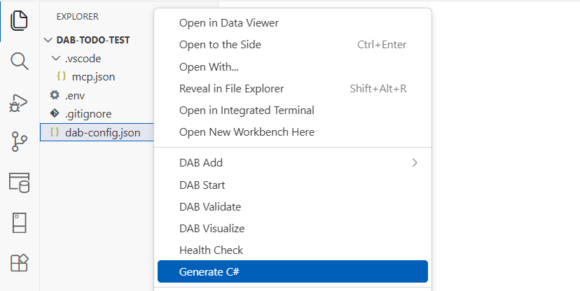 Zrzut ekranu przedstawiający artefakty projektu języka C# wygenerowane przez usługę DAB Code Gen w eksploratorze programu Visual Studio Code.
