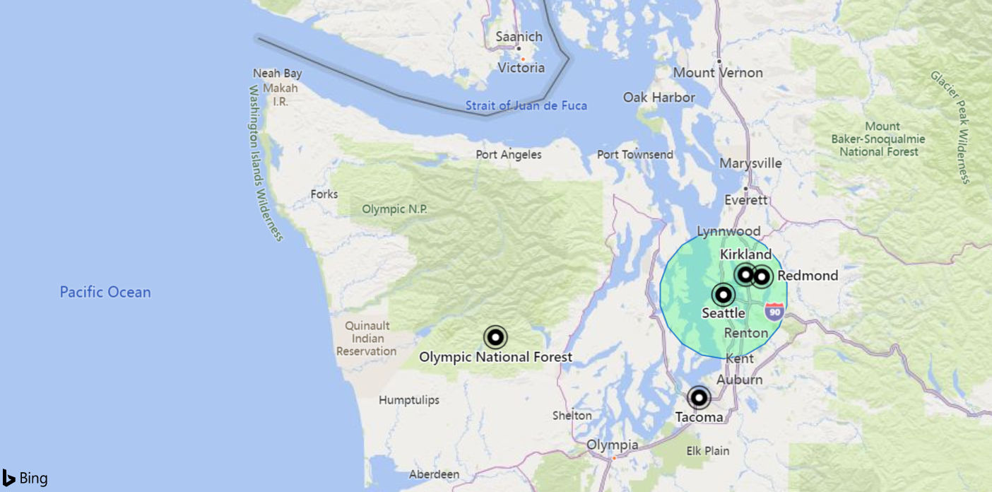 Zrzut ekranu przedstawiający mapę z miejscami w odległości 18 km od Seattle.