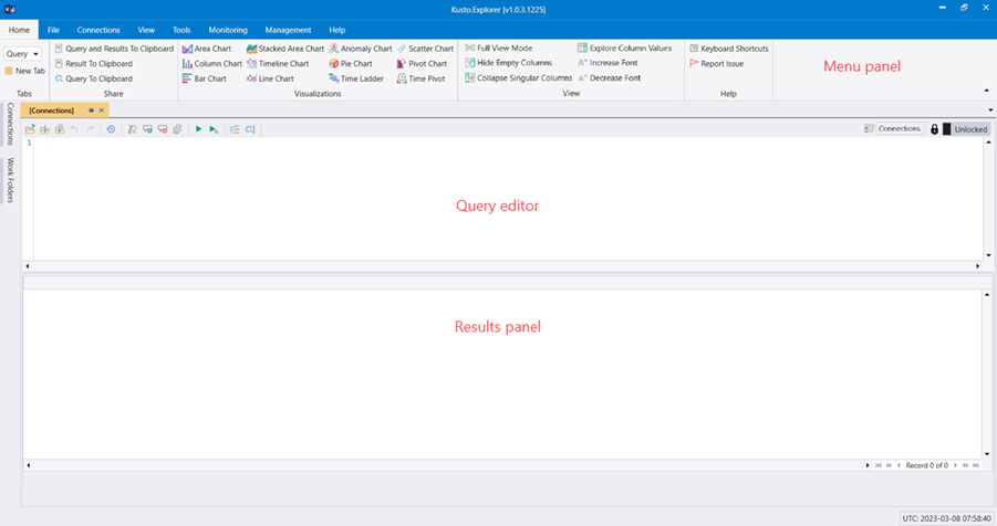 Zrzut ekranu przedstawiający interfejs użytkownika narzędzia Kusto Explorer przedstawiający przegląd czterech paneli interfejsu.