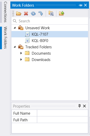 Zrzut ekranu przedstawiający panel Foldery robocze z niezapisaną pracą i Śledzone foldery.