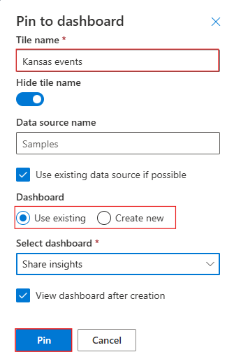 Zrzut ekranu przedstawiający okno dialogowe przypinania wizualizacji do pulpitu nawigacyjnego w internetowym interfejsie użytkownika platformy Azure Data Explorer.