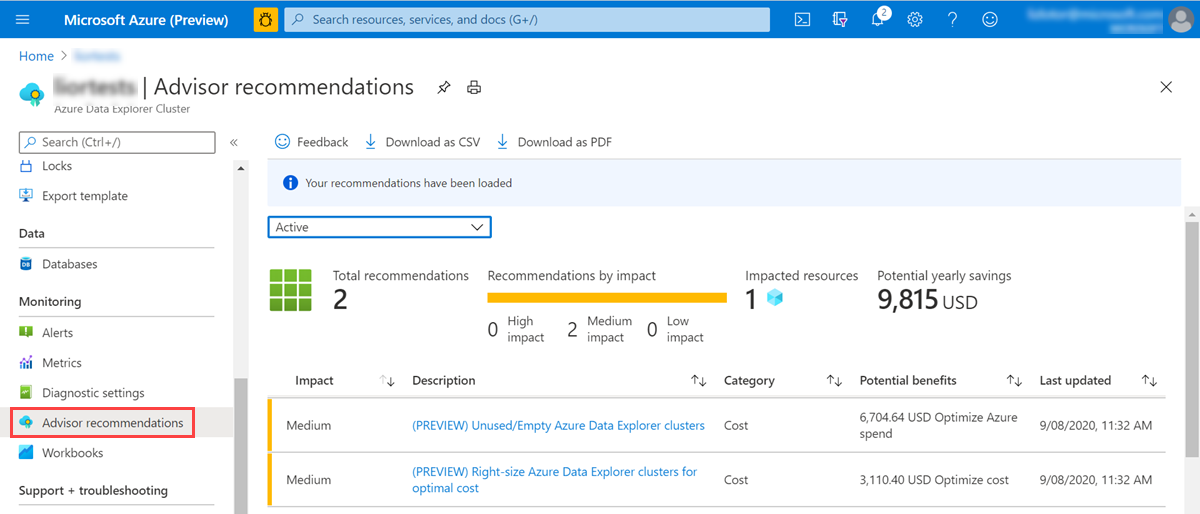 Rekomendacje usługi Azure Advisor dotyczące klastra usługi Azure Data Explorer.