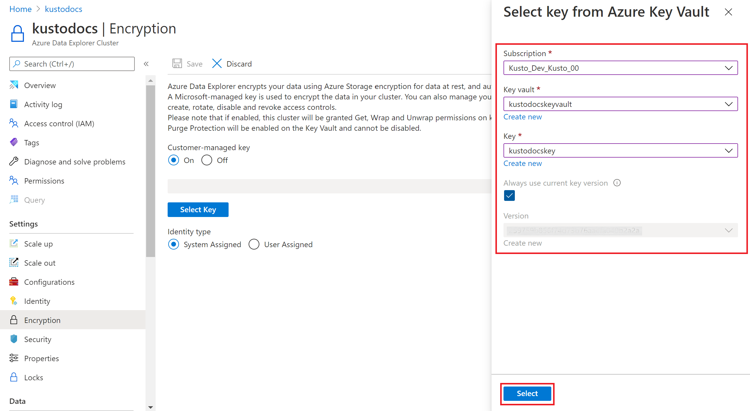 Zrzut ekranu przedstawiający pozycję Select key from Azure Key Vault (Wybieranie klucza z usługi Azure Key Vault).