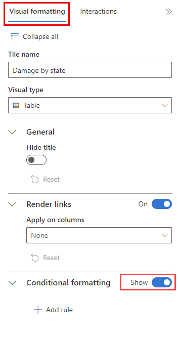 Zrzut ekranu przedstawiający dodawanie formatowania warunkowego na pulpitach nawigacyjnych w internetowym interfejsie użytkownika platformy Azure Data Explorer.