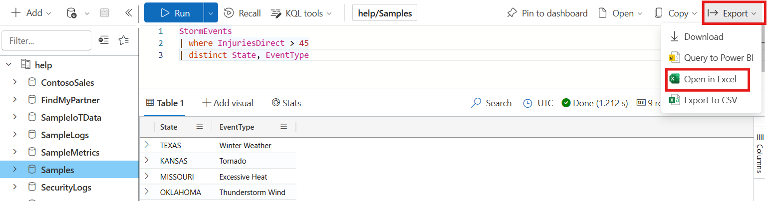 Zrzut ekranu przedstawiający zapytanie internetowego interfejsu użytkownika usługi Azure Data Explorer do otwierania w programie Excel.