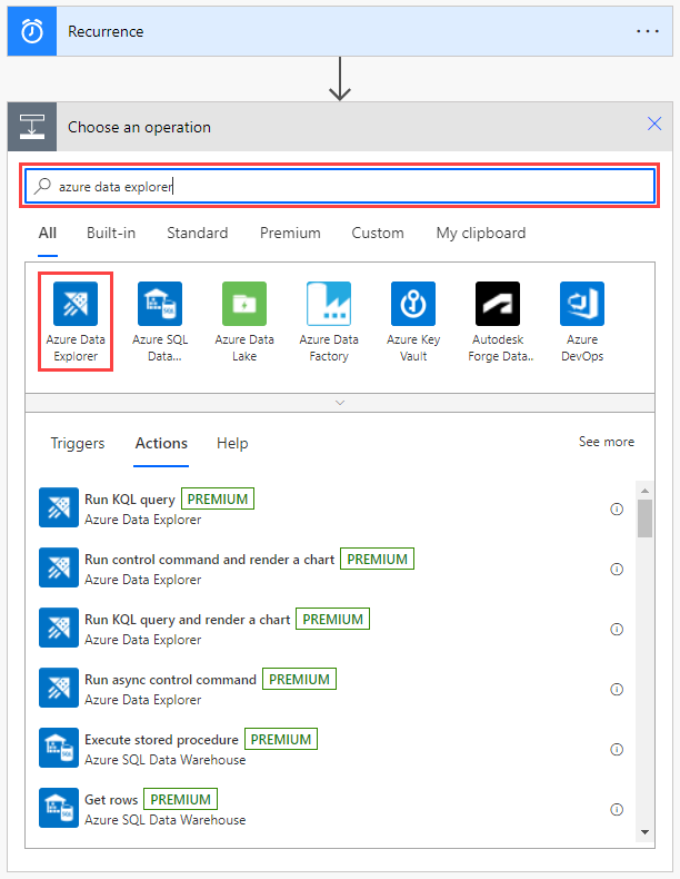 Zrzut ekranu przedstawiający okno Wybierz operację z wyróżnionym polem wyszukiwania i Data Explorer Platformy Azure.