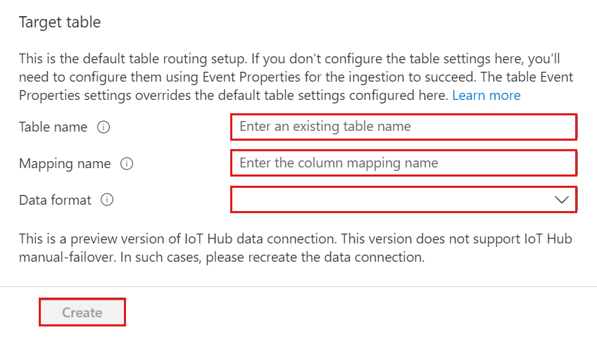 Zrzut ekranu przedstawiający internetowy interfejs użytkownika usługi Azure Data Explorer z domyślnymi ustawieniami routingu w formularzu tabeli Target.