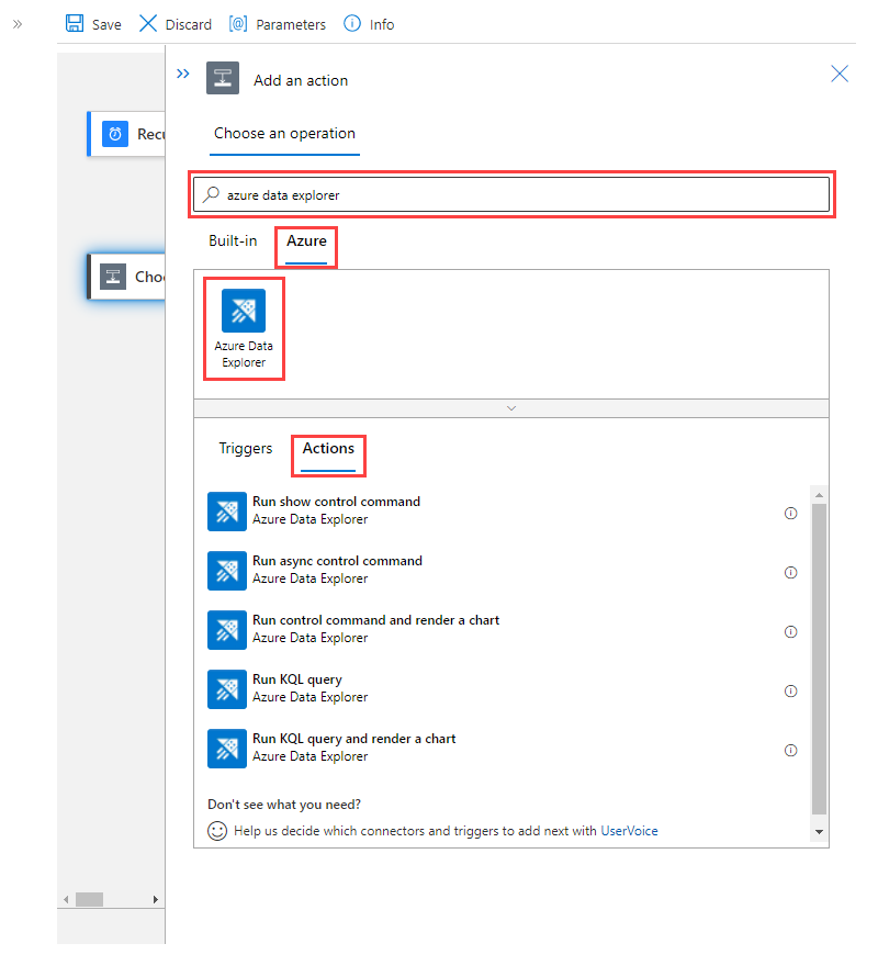Zrzut ekranu przedstawiający stronę projektanta z akcjami usługi Azure Data Explorer.