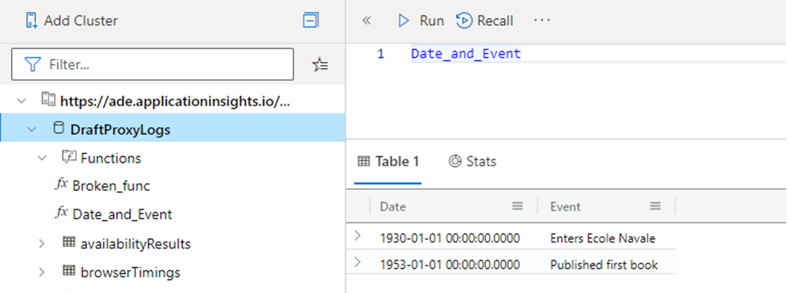 Zrzut ekranu przedstawiający zapytanie dotyczące funkcji tabelarycznej z poziomu internetowego interfejsu użytkownika platformy Azure Data Explorer.