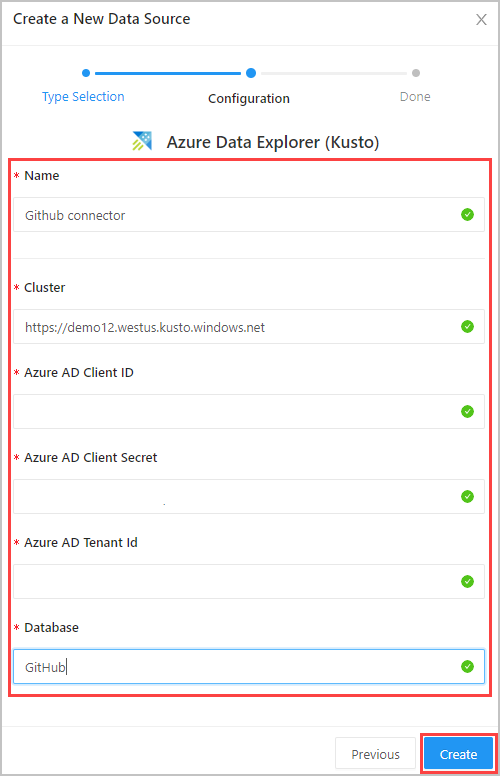 Okno ustawień usługi Azure Data Explorer (Kusto).