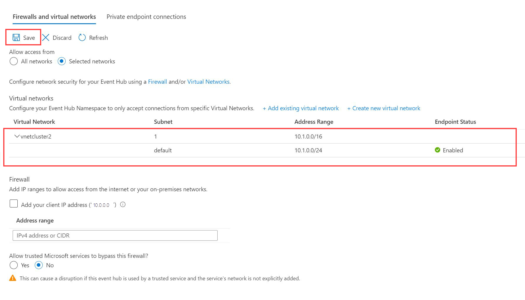 Dodaj sieć wirtualną i podsieć w centrum zdarzeń, aby nawiązać połączenie z usługą Azure Data Explorer.