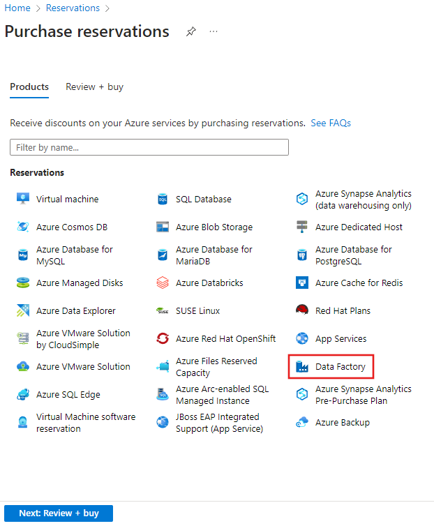 Zrzut ekranu przedstawiający stronę rezerwacji platformy Azure z wyróżnioną fabryką danych.