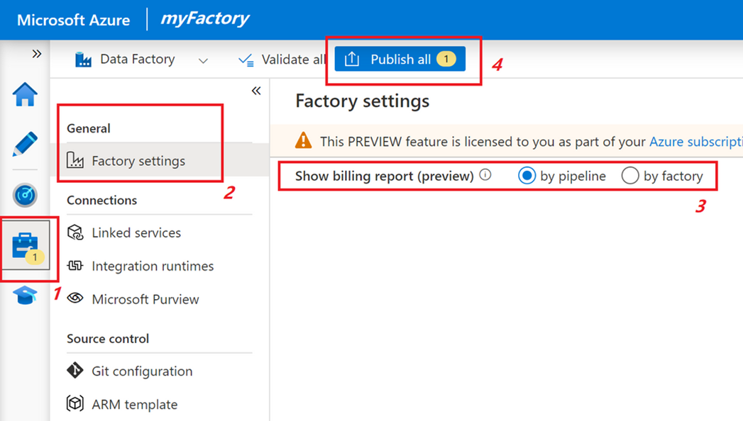 Zrzut ekranu przedstawiający stronę ustawień karty zarządzania w Azure Data Factory Studio z ustawionym rozliczaniem według potoku.