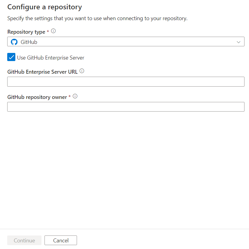 Zrzut ekranu przedstawiający repozytorium GitHub Configure a repository using enterprise server pane (Konfigurowanie repozytorium przy użyciu okienka serwera przedsiębiorstwa).