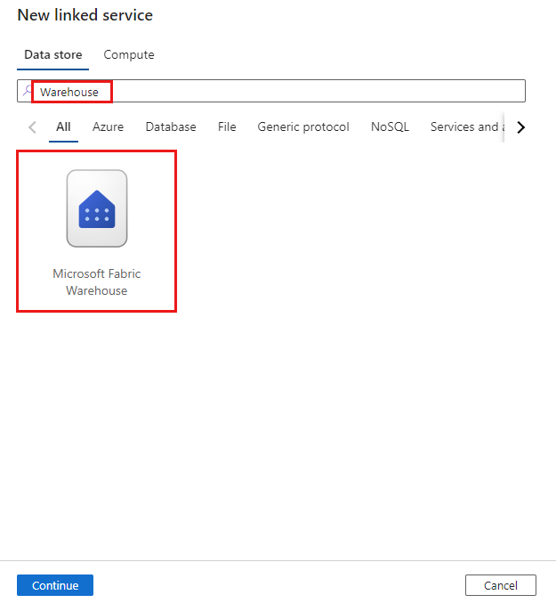 Zrzut ekranu przedstawiający wybieranie łącznika usługi Microsoft Fabric Warehouse.