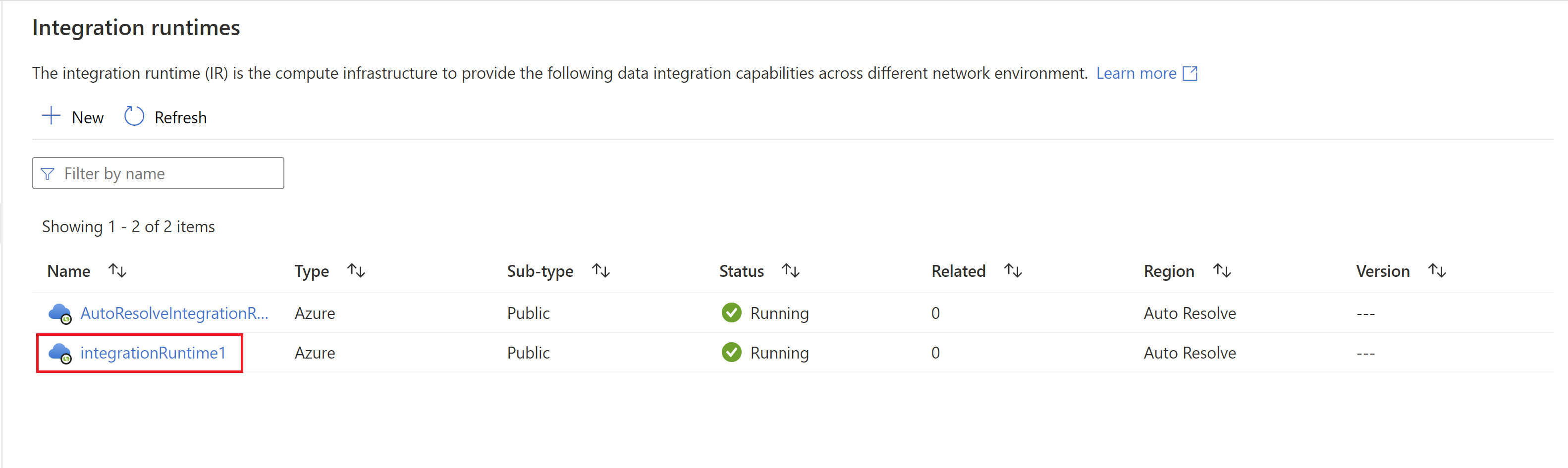 Zrzut ekranu przedstawiający środowisko Azure Integration Runtime na liście.