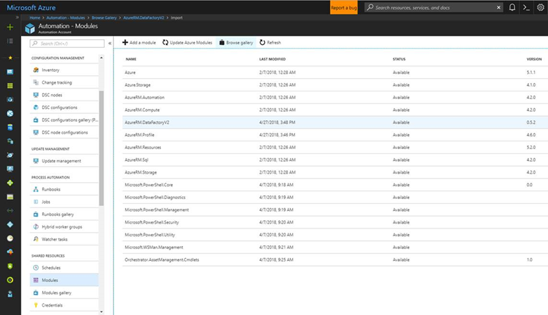 Zrzut ekranu przedstawiający weryfikację, że moduł usługi Data Factory jest wyświetlany na liście modułów.