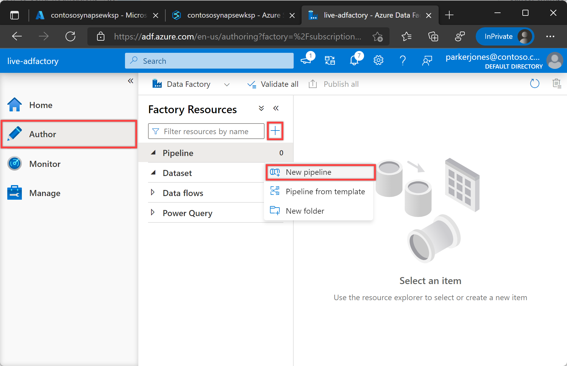 Shows the "New pipeline" menu in the Azure Data Factory Studio.