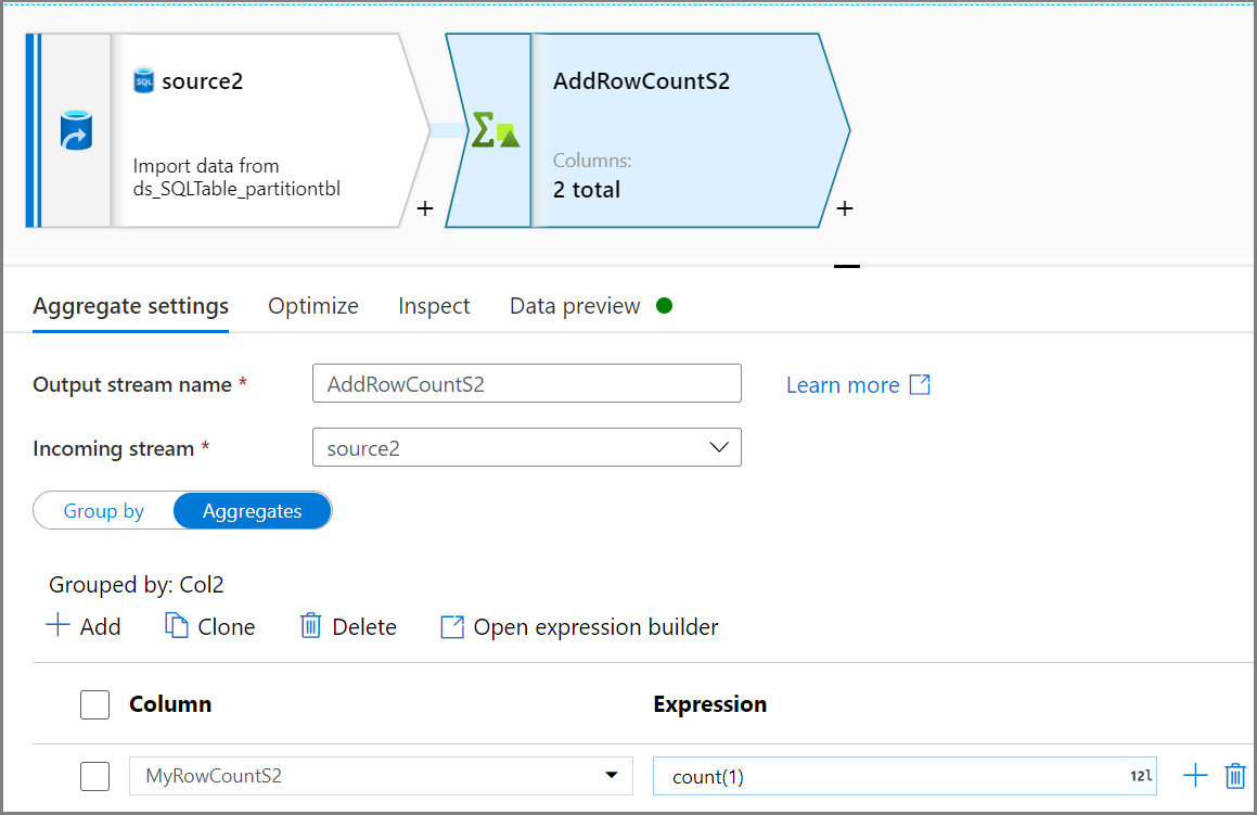 Zrzut ekranu przedstawiający konfigurowanie działania Agregacja w celu uzyskania liczby wierszy.