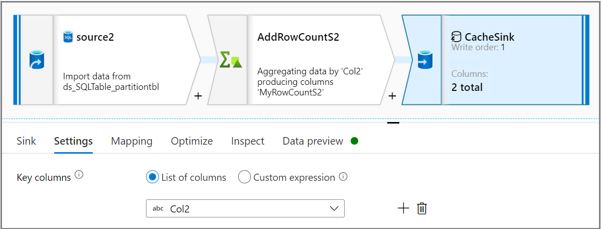 Zrzut ekranu przedstawiający konfigurowanie działania CacheSink w celu uzyskania liczby wierszy w buforowanym ujściu.