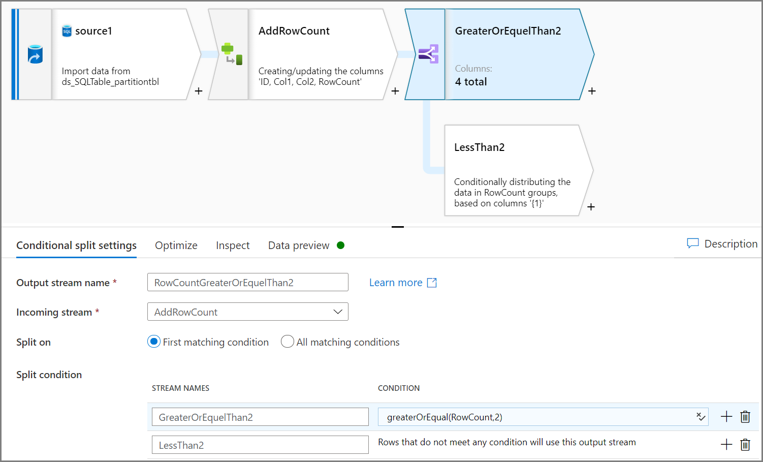 Zrzut ekranu przedstawiający konfigurowanie działania podziału warunkowego w celu pobrania danych większych lub równych dwóm.