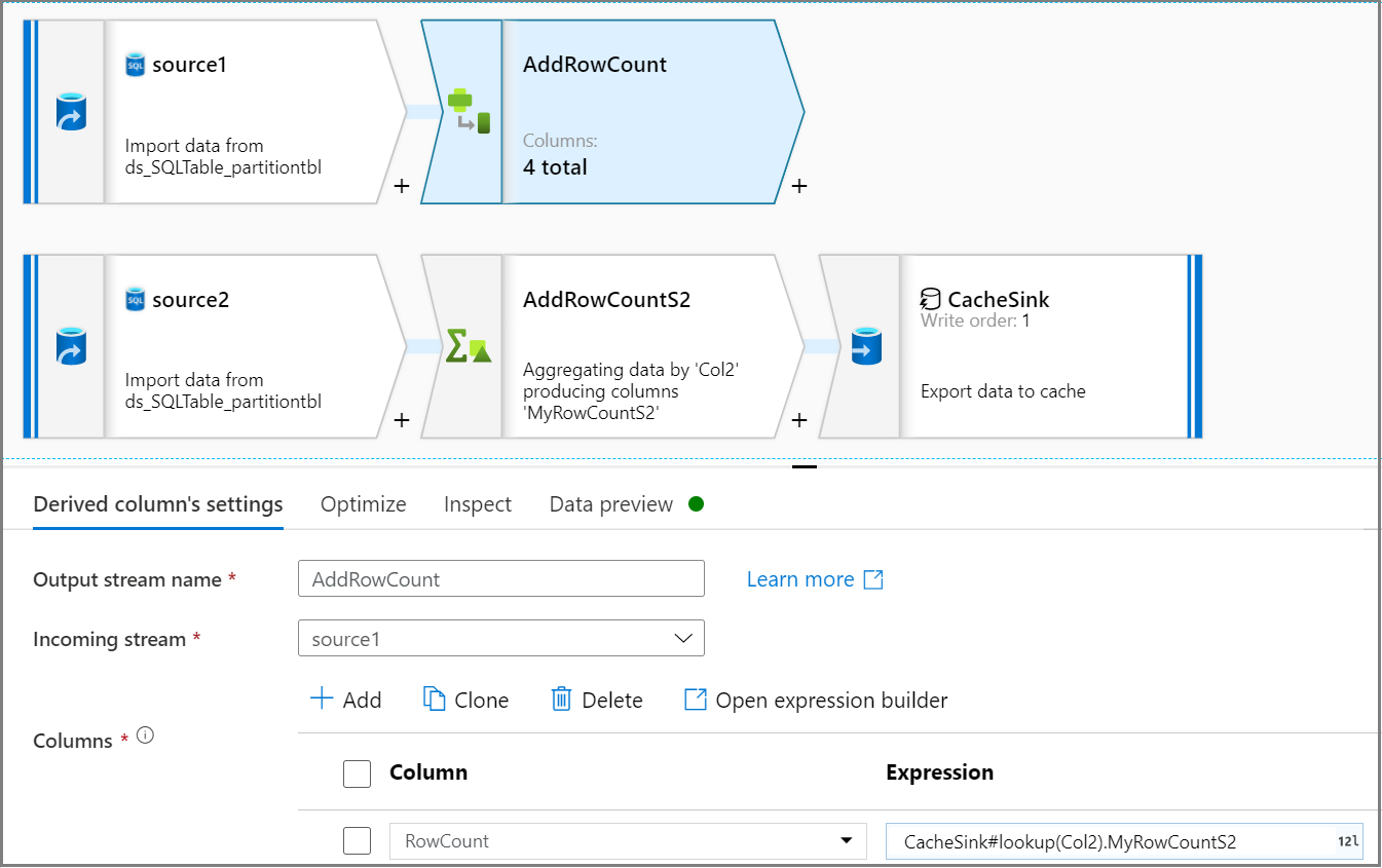 Zrzut ekranu przedstawiający konfigurowanie działania kolumny Pochodne w celu dodania liczby wierszy w źródle1.