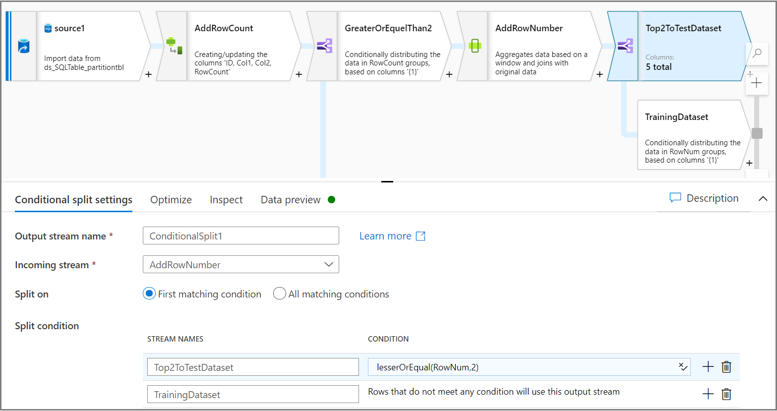 Zrzut ekranu przedstawiający konfigurowanie działania podziału warunkowego w celu podzielenia bieżącego zestawu danych na zestaw danych trenowania i zestawu danych testowych.