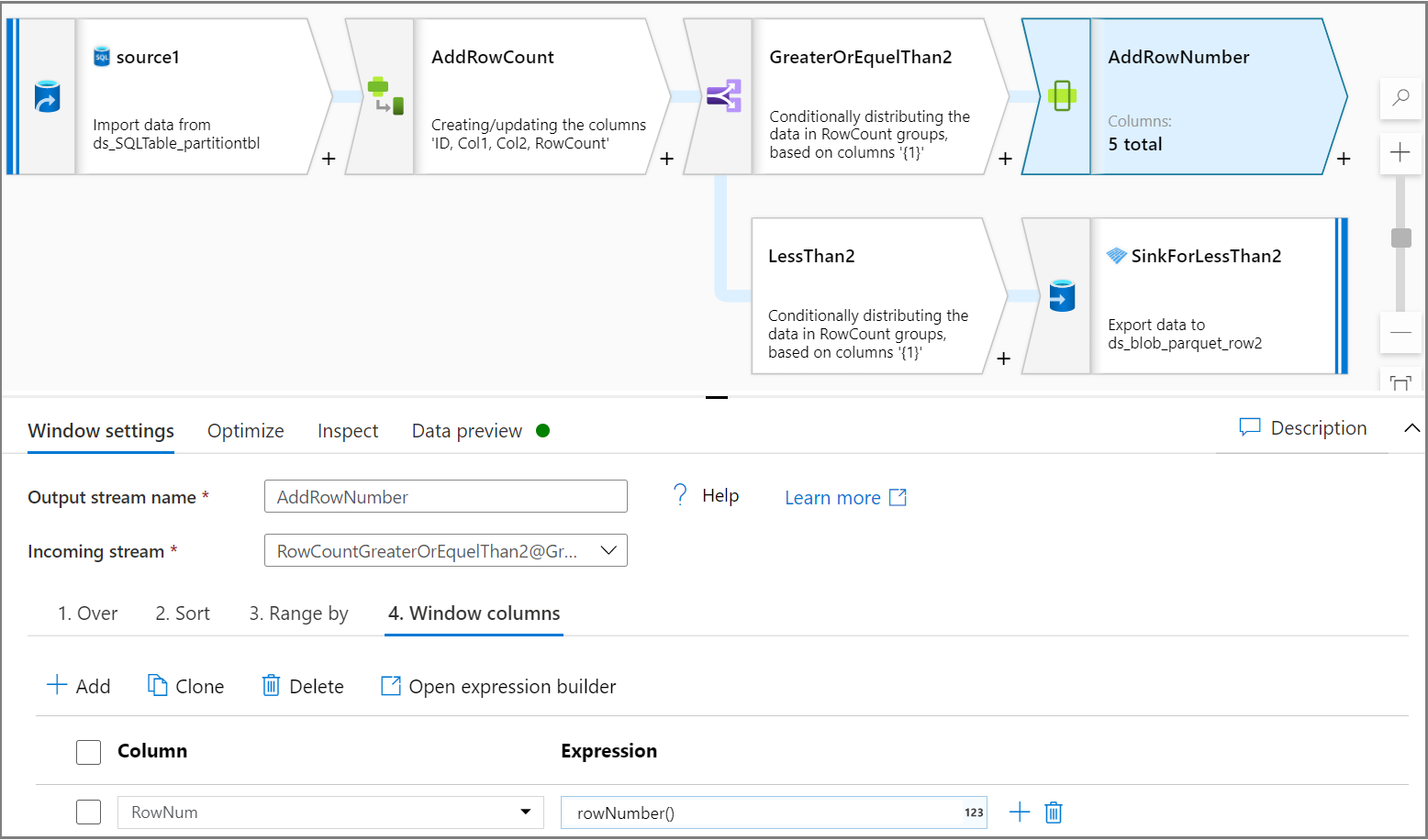 Zrzut ekranu przedstawiający konfigurowanie działania Okna w celu dodania jednej nowej kolumny będącej numerem wiersza.