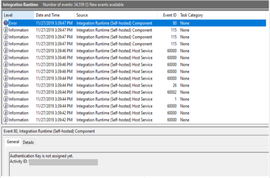 Zrzut ekranu przedstawiający okienko zdarzeń środowiska Integration Runtime z wyświetlonym, że klucz uwierzytelniania nie został jeszcze przypisany.