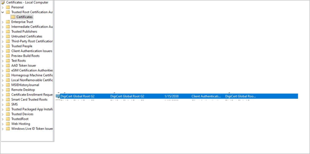 Zrzut ekranu przedstawiający folder Główny G2 firmy DigiCert w katalogu Zaufanych głównych urzędów certyfikacji.