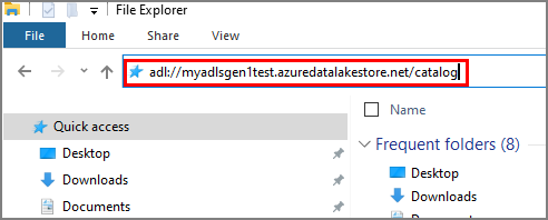 Shows the URL of a folder in a Data Lake Storage Gen1 account that's copied into the File Explorer window