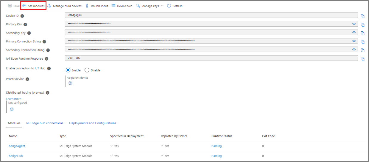 Screenshot of the Azure portal, IoT Hub, set modules page.