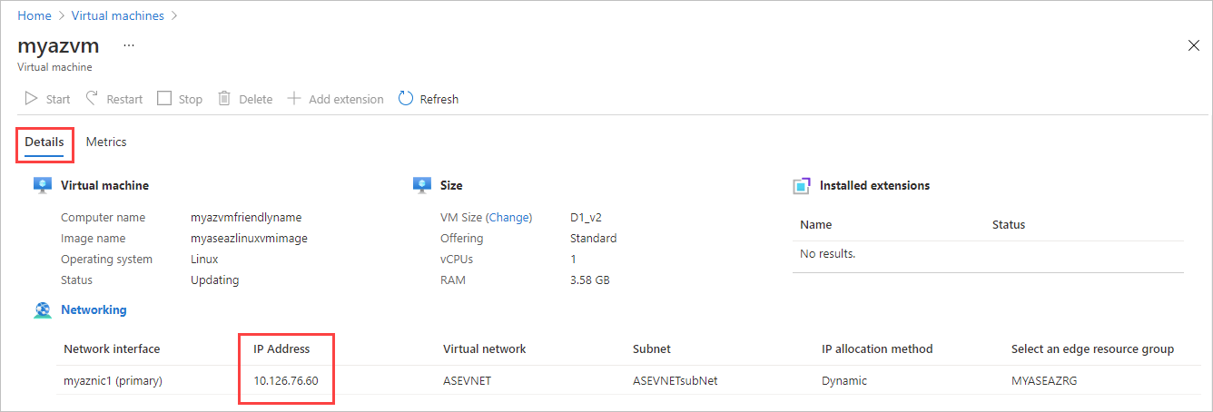 Screenshot of the Details pane for an Azure Stack Edge virtual machine. The IP Address, under Networking, is highlighted.