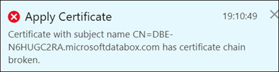 Zrzut ekranu przedstawiający błąd Zastosuj certyfikat po przekazaniu certyfikatu punktu końcowego bez uprzedniego przekazania certyfikatu łańcucha podpisywania na urządzeniu Azure Stack Edge.