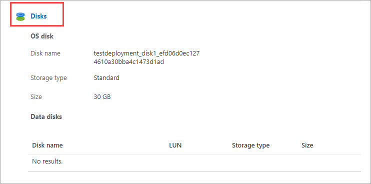 Zrzut ekranu przedstawiający ustawienia Dysków na karcie Szczegóły maszyny wirtualnej usługi Azure Stack Edge. Etykieta Dyski jest wyróżniona.