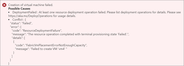 Zrzut ekranu przedstawiający błąd wyświetlany w witrynie Azure Portal, gdy tworzenie maszyny wirtualnej kończy się niepowodzeniem na urządzeniu Azure Stack Edge.