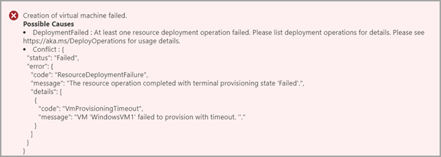 Zrzut ekranu przedstawiający błąd wyświetlany w witrynie Azure Portal w przypadku limitu czasu aprowizacji maszyn wirtualnych w usłudze Azure Stack Edge.