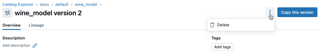 menu kebab z usunięciem na stronie wersji modelu