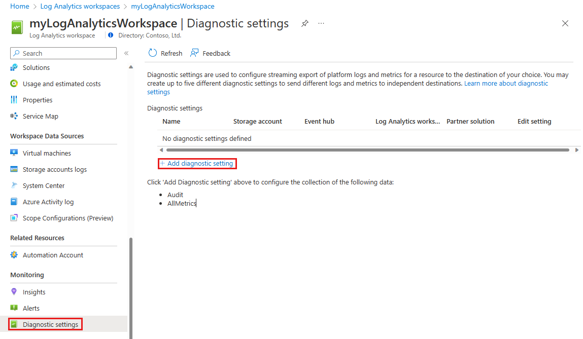 Zrzut ekranu przedstawiający lokalizowanie ustawień diagnostycznych obszaru roboczego usługi Log Analytics.