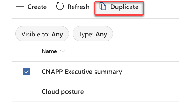 Zrzut ekranu przedstawiający stronę wyboru raportu z zaznaczoną opcją „CNAPP Executive summary”, odznaczoną opcją „Cloud posture” oraz widocznym przyciskiem „Duplikuj”.