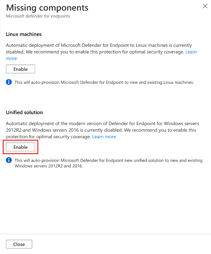 Zrzut ekranu przedstawiający włączanie korzystania z ujednoliconego rozwiązania defender for Endpoint dla maszyn z systemem Windows Server 2012 R2 i 2016.