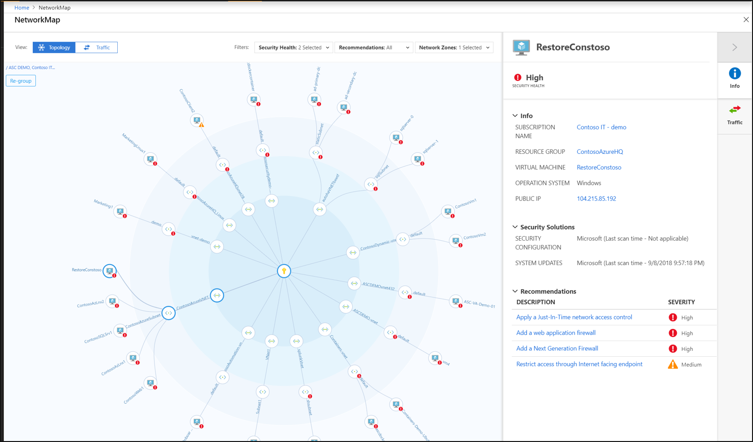 Zrzut ekranu przedstawiający mapę topologii sieci usługi Defender for Cloud.