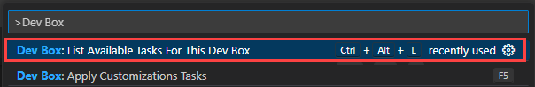 Zrzut ekranu palety poleceń programu Visual Studio Code z wybraną opcją Dev Box: List Available Tasks For This Dev Box (Dostępne zadania dla tego urządzenia deweloperskiego).