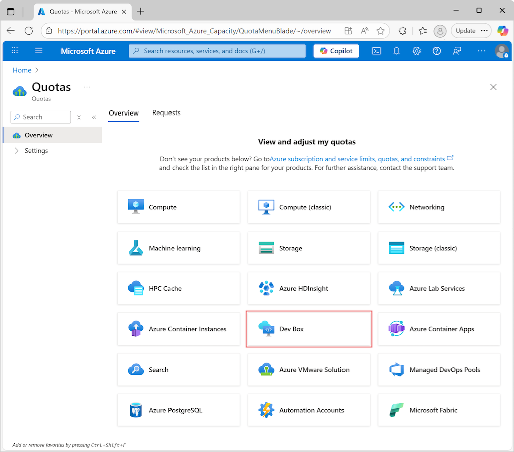 Zrzut ekranu przedstawiający stronę Limity przydziału witryny Azure Portal z wyróżnionym urządzeniem Microsoft Dev Box.