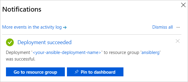 Powiadomienie w witrynie Azure Portal dotyczące wdrożenia rozwiązania Ansible