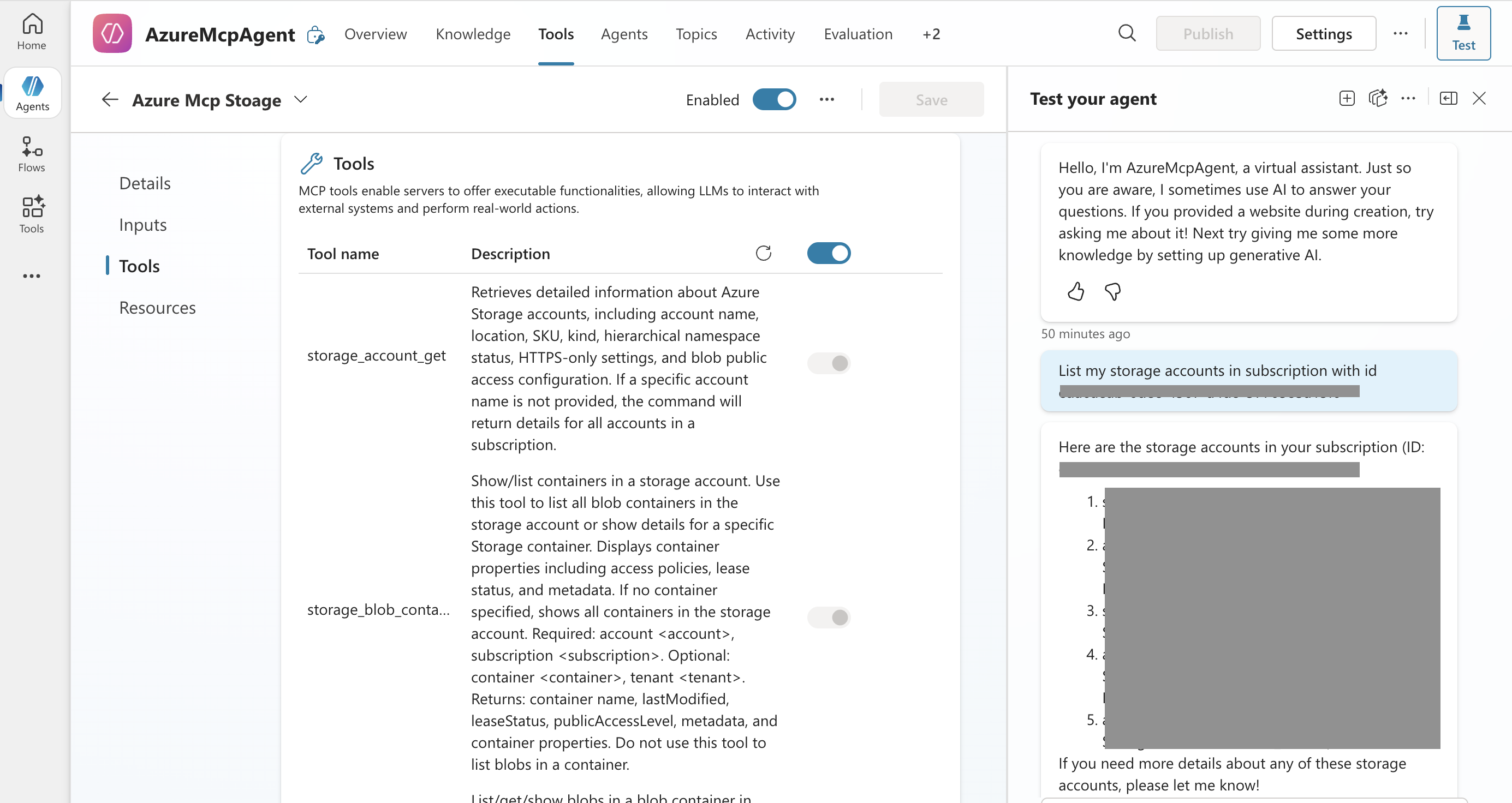 Zrzut ekranu przedstawiający sesję środowiska testowego Copilot Studio, w której agent zwraca wyniki po wywołaniu wyświetlonego narzędzia MCP.